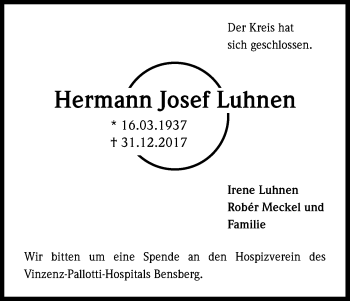 Anzeige von Hermann Josef Luhnen von Kölner Stadt-Anzeiger / Kölnische Rundschau / Express