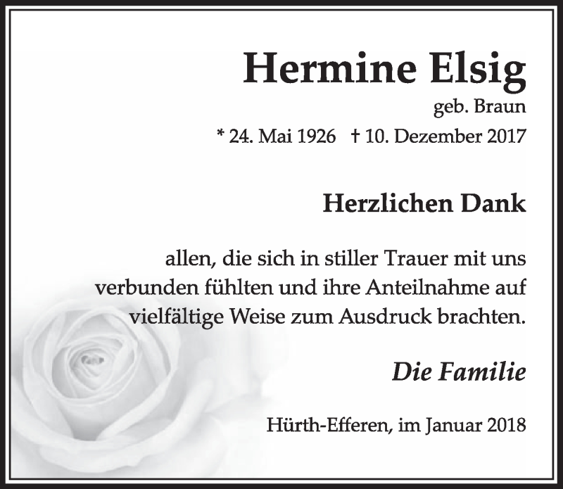  Traueranzeige für Hermine Elsig vom 03.01.2018 aus  Wochenende 