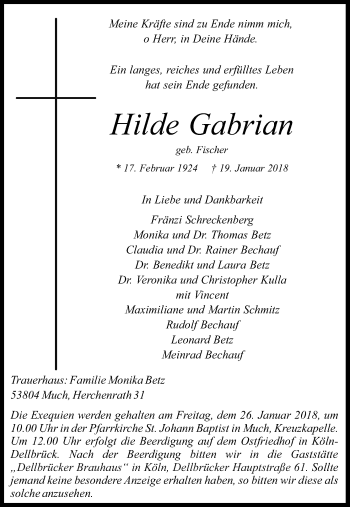 Anzeige von Hilde Gabrian von Kölner Stadt-Anzeiger / Kölnische Rundschau / Express