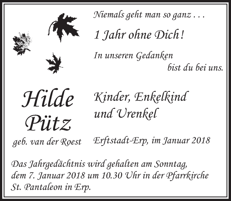  Traueranzeige für Hilde Pütz vom 06.01.2018 aus  Sonntags-Post 