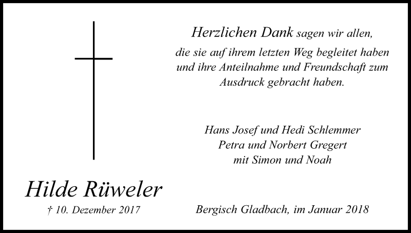  Traueranzeige für Hilde Rüweler vom 06.01.2018 aus Kölner Stadt-Anzeiger / Kölnische Rundschau / Express