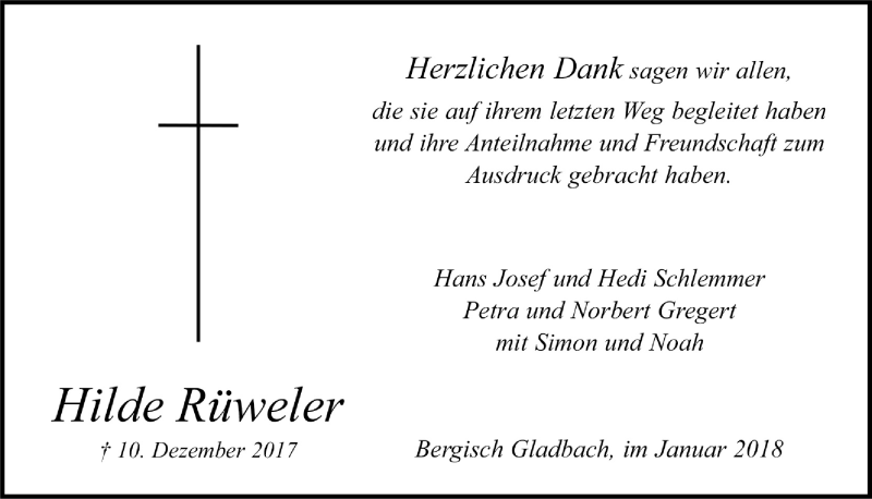  Traueranzeige für Hilde Rüweler vom 03.01.2018 aus  Bergisches Handelsblatt 