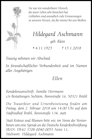 Anzeige von Hildegard Aschmann von Kölner Stadt-Anzeiger / Kölnische Rundschau / Express