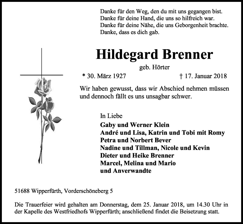  Traueranzeige für Hildegard Brenner vom 20.01.2018 aus Kölner Stadt-Anzeiger / Kölnische Rundschau / Express