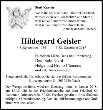 Anzeige von Hildegard Geisler von Kölner Stadt-Anzeiger / Kölnische Rundschau / Express