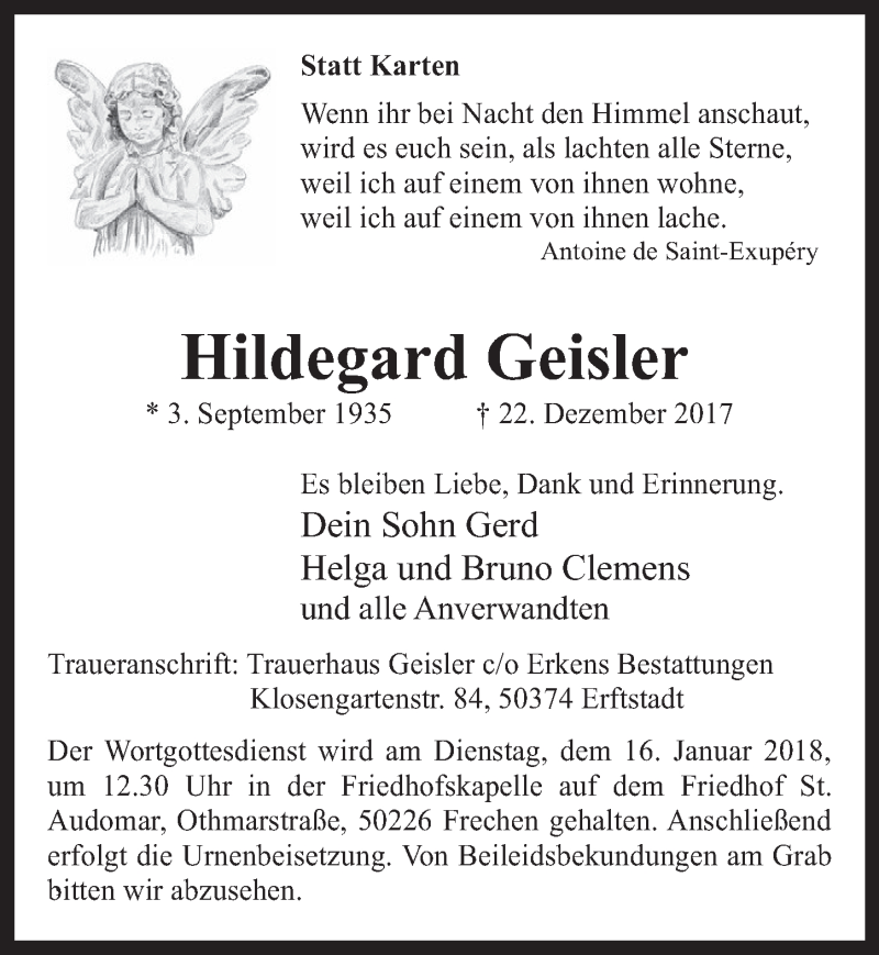  Traueranzeige für Hildegard Geisler vom 10.01.2018 aus  Werbepost 