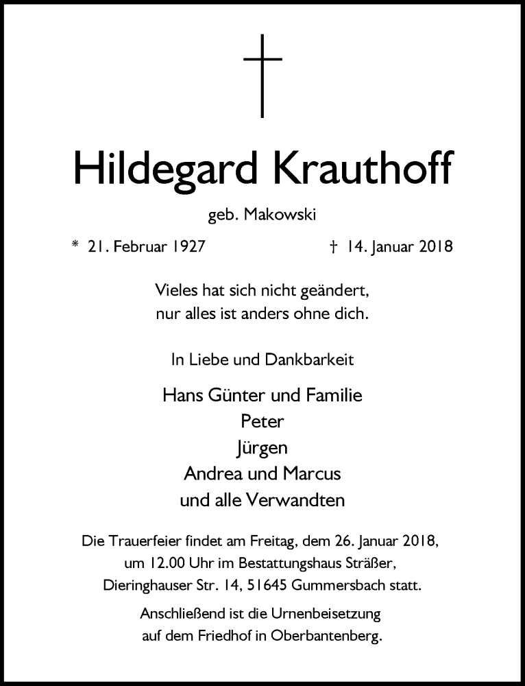  Traueranzeige für Hildegard Krauthoff vom 17.01.2018 aus  Anzeigen Echo 