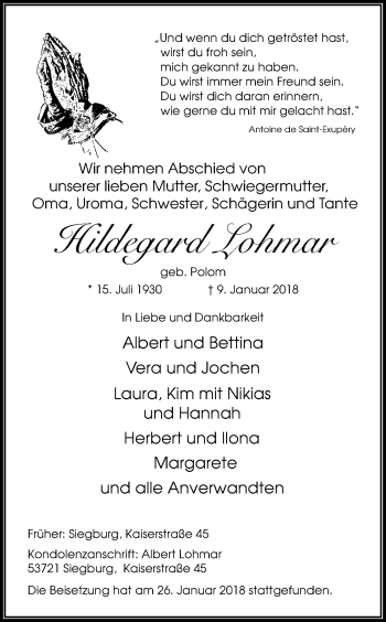 Anzeige von Hildegard Lohmar von Kölner Stadt-Anzeiger / Kölnische Rundschau / Express