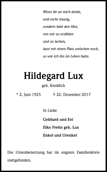 Anzeige von Hildegard Lux von Kölner Stadt-Anzeiger / Kölnische Rundschau / Express