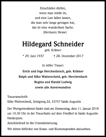 Anzeige von Hildegard Schneider von Kölner Stadt-Anzeiger / Kölnische Rundschau / Express