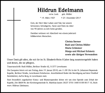 Anzeige von Hildrun Edelmann von Kölner Stadt-Anzeiger / Kölnische Rundschau / Express