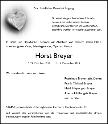 Anzeige von Horst Breyer von  Anzeigen Echo 