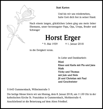 Anzeige von Horst Erger von Kölner Stadt-Anzeiger / Kölnische Rundschau / Express