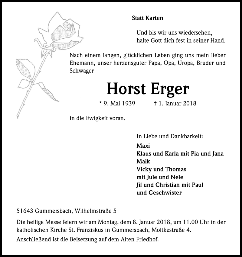  Traueranzeige für Horst Erger vom 05.01.2018 aus Kölner Stadt-Anzeiger / Kölnische Rundschau / Express