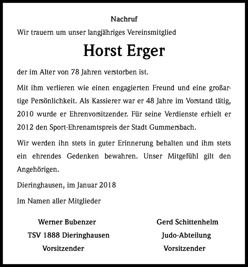  Traueranzeige für Horst Erger vom 17.01.2018 aus Kölner Stadt-Anzeiger / Kölnische Rundschau / Express