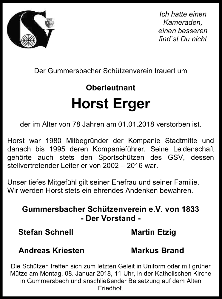  Traueranzeige für Horst Erger vom 06.01.2018 aus Kölner Stadt-Anzeiger / Kölnische Rundschau / Express