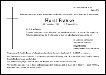 Anzeige von Horst Franke von Kölner Stadt-Anzeiger / Kölnische Rundschau / Express