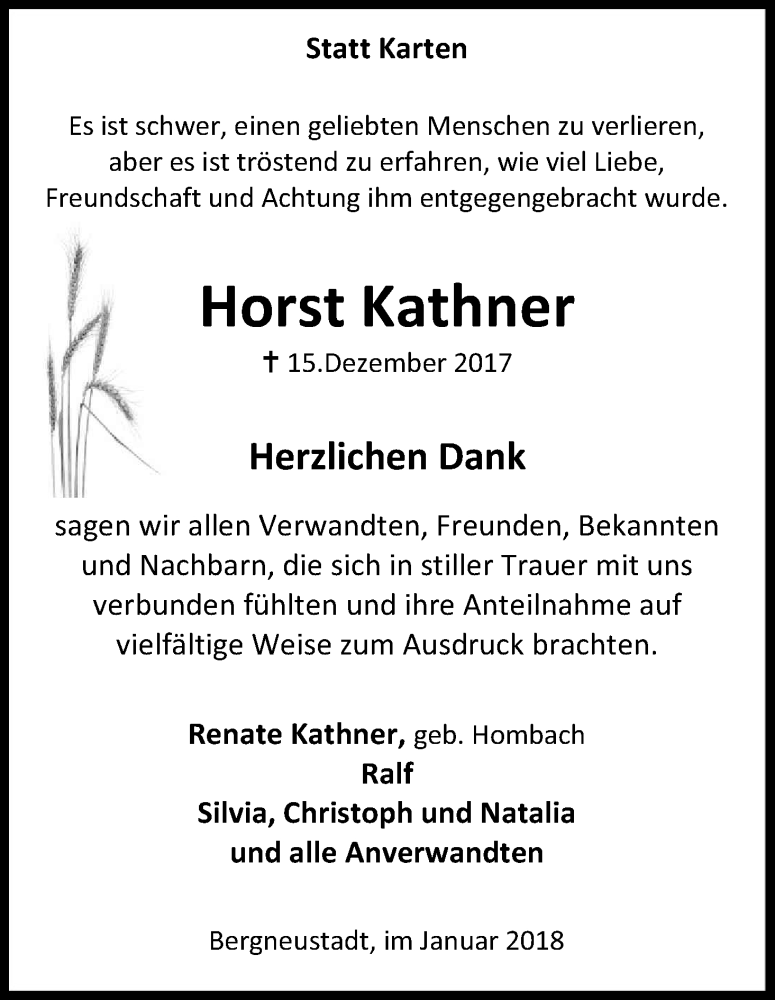  Traueranzeige für Horst Kathner vom 27.01.2018 aus Kölner Stadt-Anzeiger / Kölnische Rundschau / Express