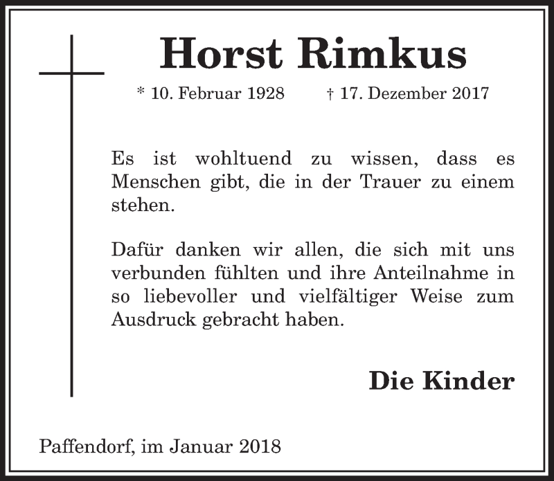 Traueranzeige für Horst Rimkus vom 20.01.2018 aus  Sonntags-Post 
