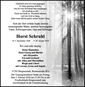 Anzeige von Horst Schruhl von Kölner Stadt-Anzeiger / Kölnische Rundschau / Express