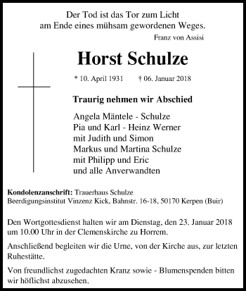 Anzeige von Horst Schulze von Kölner Stadt-Anzeiger / Kölnische Rundschau / Express