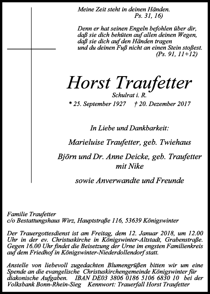  Traueranzeige für Horst Traufetter vom 10.01.2018 aus Kölner Stadt-Anzeiger / Kölnische Rundschau / Express