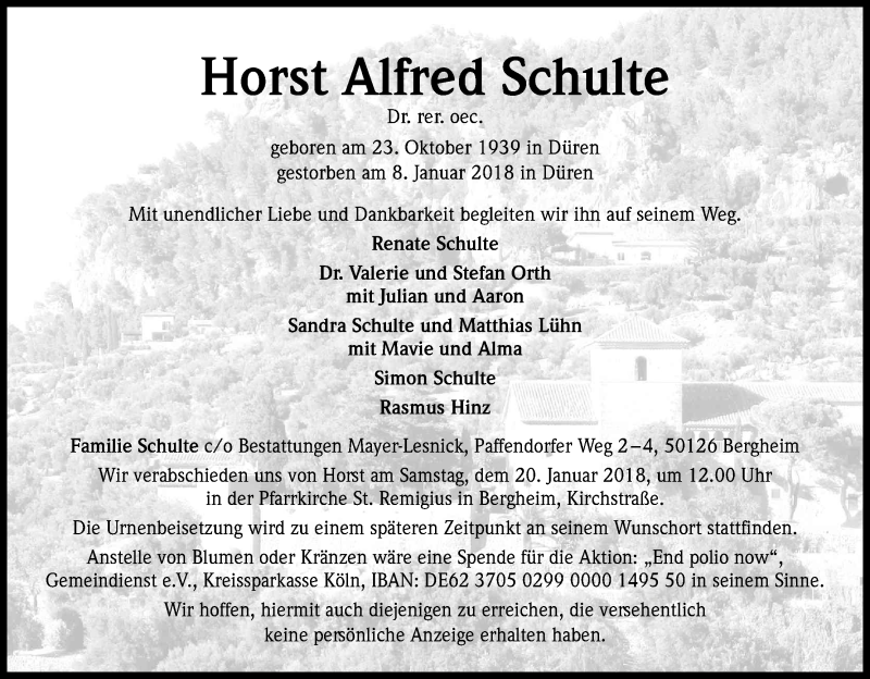  Traueranzeige für Horst Alfred Schulte vom 11.01.2018 aus Kölner Stadt-Anzeiger / Kölnische Rundschau / Express