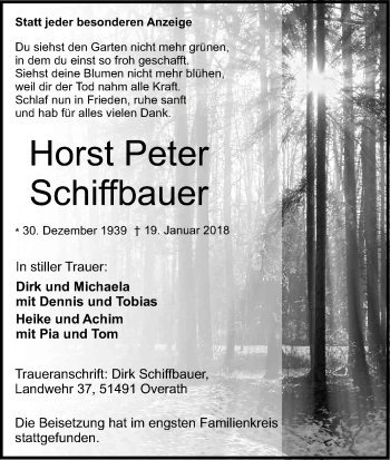 Anzeige von Horst Peter Schiffbauer von Kölner Stadt-Anzeiger / Kölnische Rundschau / Express