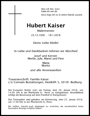 Anzeige von Hubert Kaiser von Kölner Stadt-Anzeiger / Kölnische Rundschau / Express