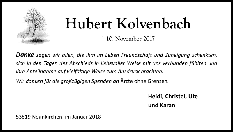  Traueranzeige für Hubert Kolvenbach vom 06.01.2018 aus Kölner Stadt-Anzeiger / Kölnische Rundschau / Express