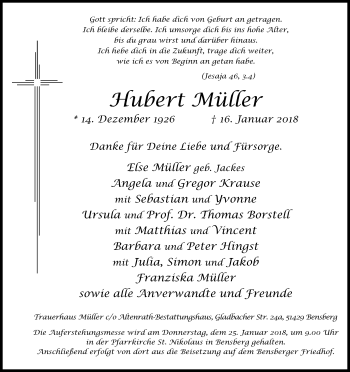 Anzeige von Hubert Müller von Kölner Stadt-Anzeiger / Kölnische Rundschau / Express