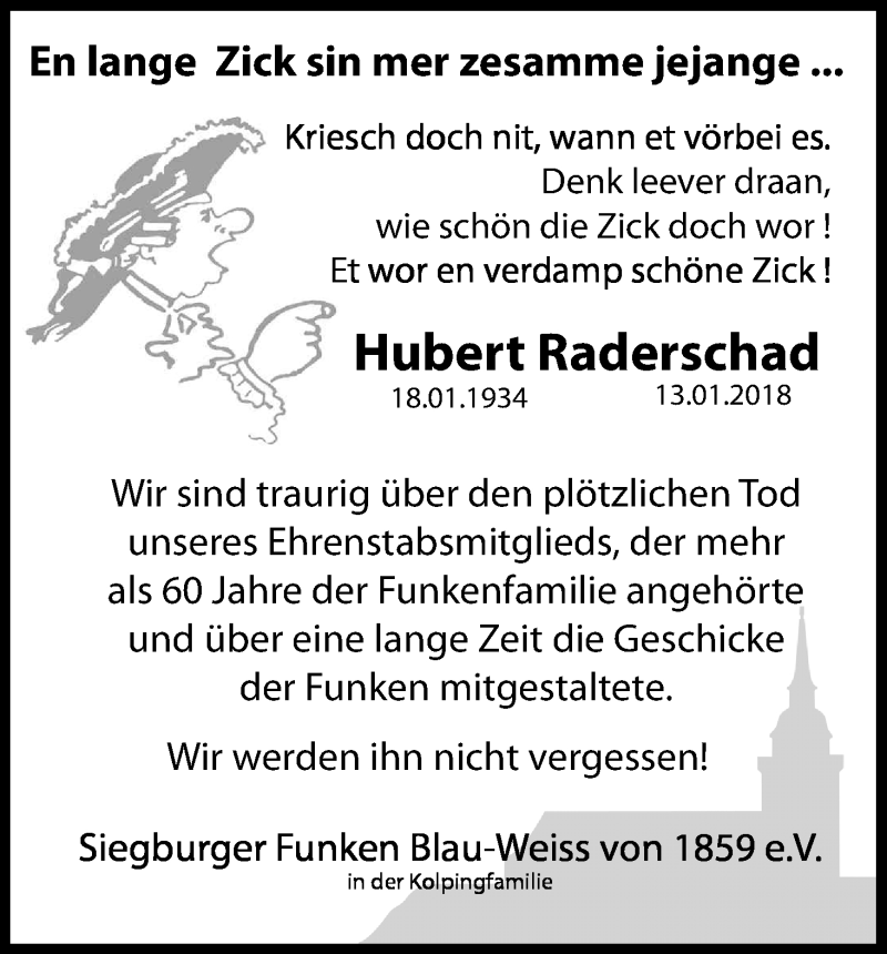  Traueranzeige für Hubert Raderschad vom 24.01.2018 aus Kölner Stadt-Anzeiger / Kölnische Rundschau / Express
