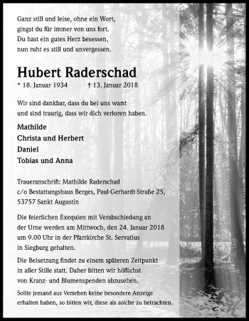 Anzeige von Hubert Raderschad von Kölner Stadt-Anzeiger / Kölnische Rundschau / Express