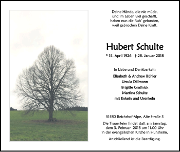 Anzeige von Hubert Schulte von Kölner Stadt-Anzeiger / Kölnische Rundschau / Express