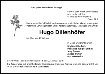 Anzeige von Hugo Dillenhöfer von Kölner Stadt-Anzeiger / Kölnische Rundschau / Express