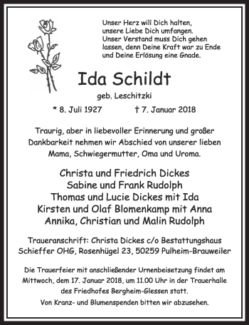 Anzeige von Ida Schildt von  Sonntags-Post 