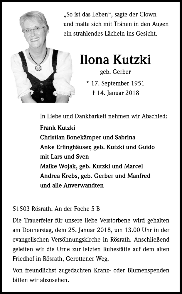  Traueranzeige für Ilona Kutzki vom 20.01.2018 aus Kölner Stadt-Anzeiger / Kölnische Rundschau / Express