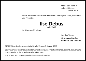 Anzeige von Ilse Debus von Kölner Stadt-Anzeiger / Kölnische Rundschau / Express