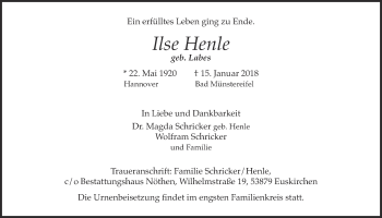 Anzeige von Ilse Henle von  Blickpunkt Euskirchen 