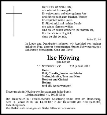Anzeige von Ilse Höwing von Kölner Stadt-Anzeiger / Kölnische Rundschau / Express