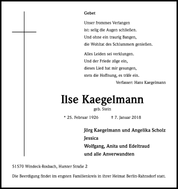 Anzeige von Ilse Kaegelmann von Kölner Stadt-Anzeiger / Kölnische Rundschau / Express