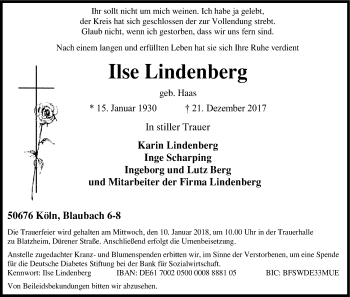 Anzeige von Ilse Lindenberg von Kölner Stadt-Anzeiger / Kölnische Rundschau / Express