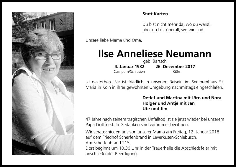  Traueranzeige für Ilse Anneliese Neumann vom 06.01.2018 aus Kölner Stadt-Anzeiger / Kölnische Rundschau / Express