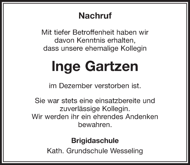  Traueranzeige für Inge Gartzen vom 03.01.2018 aus  Schlossbote/Werbekurier 