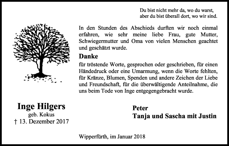  Traueranzeige für Inge Hilgers vom 24.01.2018 aus Kölner Stadt-Anzeiger / Kölnische Rundschau / Express