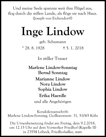 Anzeige von Inge Lindow von Kölner Stadt-Anzeiger / Kölnische Rundschau / Express
