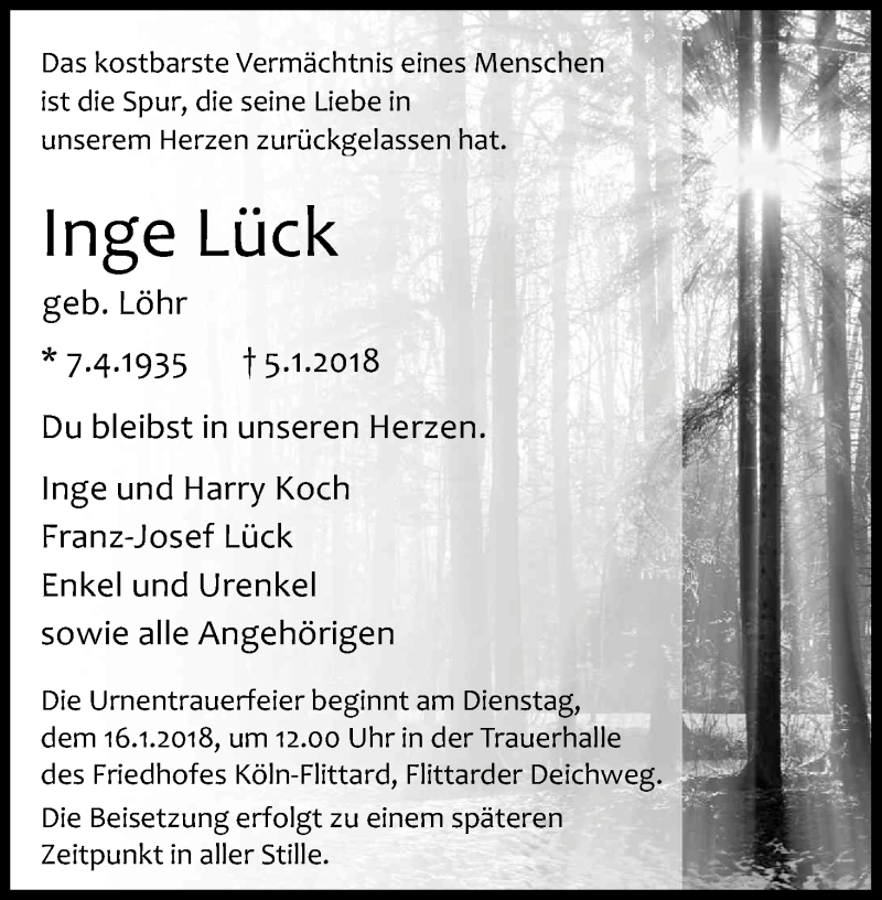 Traueranzeige für Inge Lück vom 13.01.2018 aus Kölner Stadt-Anzeiger / Kölnische Rundschau / Express