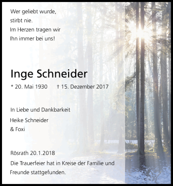 Anzeige von Inge Schneider von Kölner Stadt-Anzeiger / Kölnische Rundschau / Express