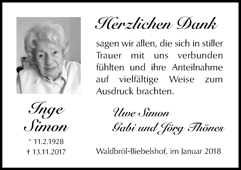  Traueranzeige für Inge Simon vom 24.01.2018 aus  Lokalanzeiger 