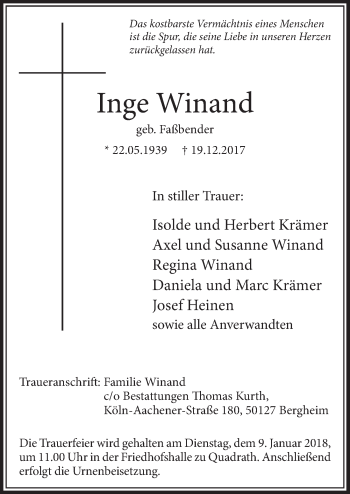 Anzeige von Inge Winand von  Sonntags-Post 